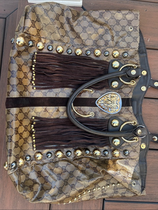 Gucci Handbags - Gucci Brown Monogram Fringe Tote with Gold Accents